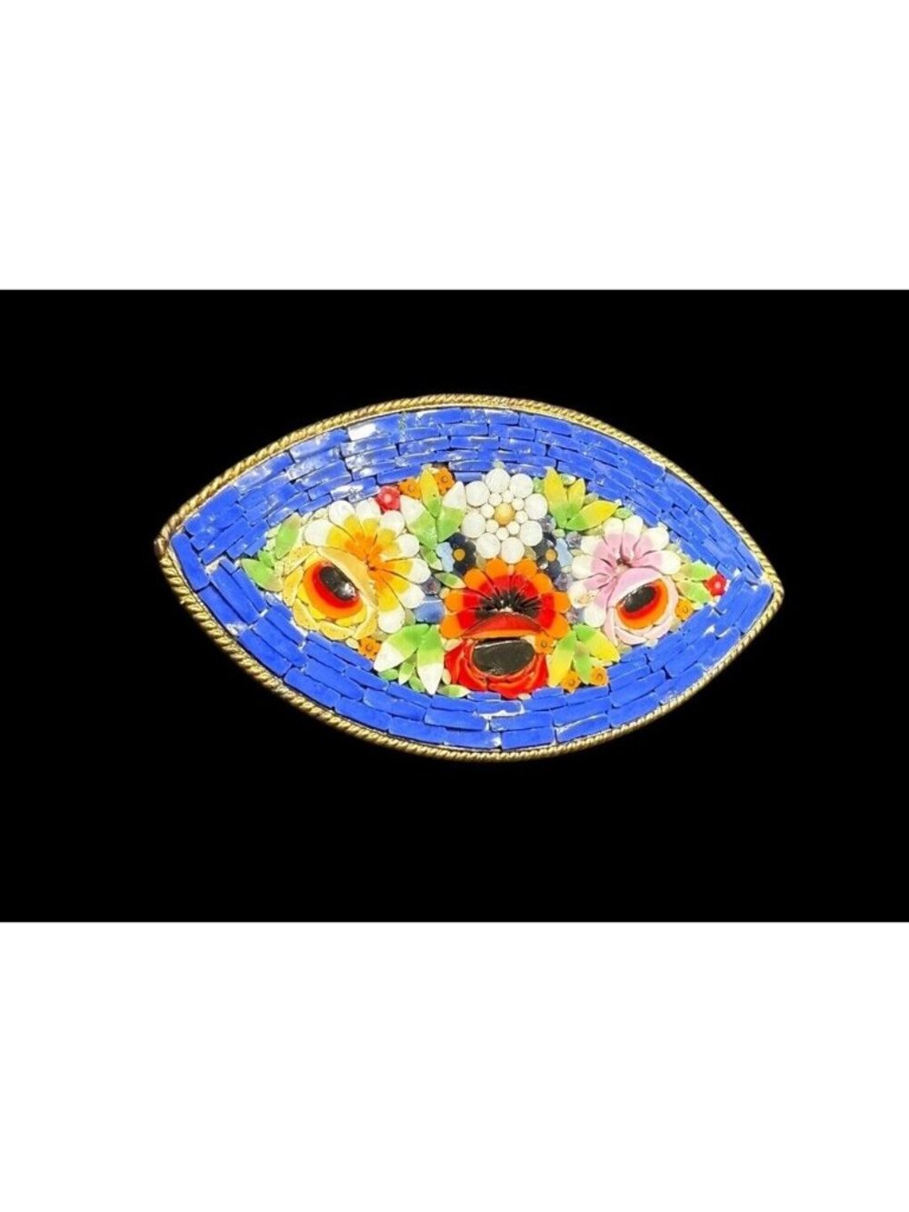 Vintage Blue Italian Micro Mosaic Multicolor Flower Brooch Gold Tone Italy